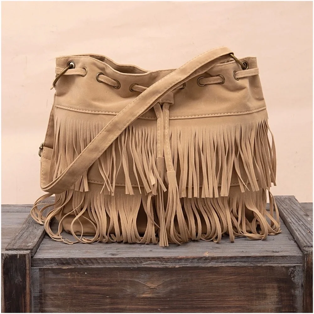 Bohemian Fringe Drawstring Crossbody Tote Bag - Picture 8 of 9